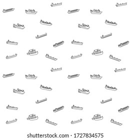 Seamless background of ships and boats. Barge and cargo ship, tanker, sailing vessel, cruise liner, tugboat, fishing and speed boat. Vector illustration