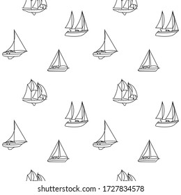 Seamless background of ships and boats. Barge and cargo ship, tanker, sailing vessel, cruise liner, tugboat, fishing and speed boat. Vector illustration