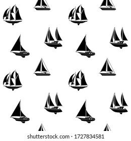 Seamless background of ships and boats. Barge and cargo ship, tanker, sailing vessel, cruise liner, tugboat, fishing and speed boat. Vector illustration