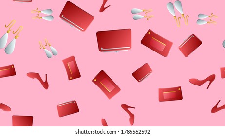Fondo sin inconvenientes de zapatos con tacones altos y una bolsa, ilustración vectorial.