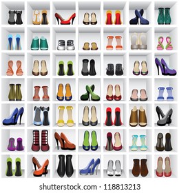 seamless background with shoes on shelves of shop or dressing room