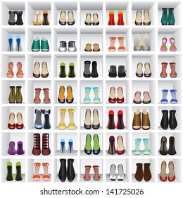 Seamless background with shoes on shelves of shop or dressing room