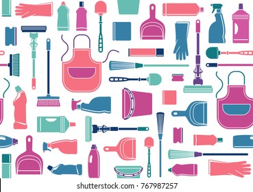Seamless background with silhouette cleaning equipment. Vector illustration