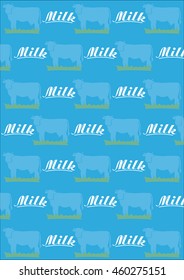 
A seamless background with a silhouette of the cow 's milk and the inscription on a blue background