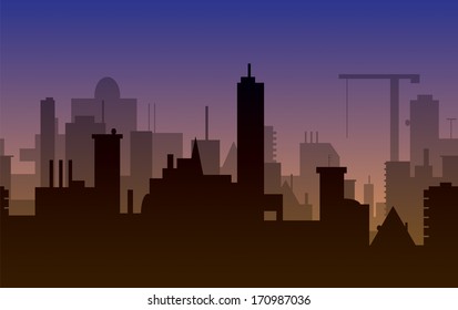 Seamless background with silhouette of town with sunset. Vector illustration