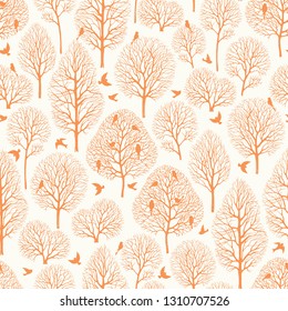 Seamless background with silhouette of trees and birds in the garden, vector illustration in vintage style on beige background.