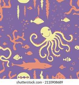 Seamless background of silhouettes cartoon underwater sea creatures