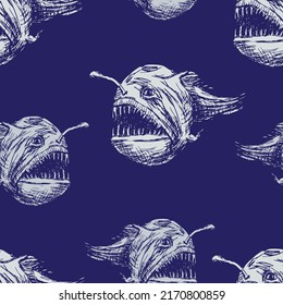 Seamless background of silhouettes deep-sea fishes sketches 