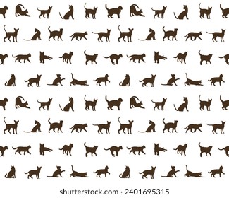 Seamless background with silhouettes of domestic cats.
