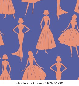 Seamless background of silhouettes elegante women in evening gowns