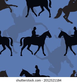 seamless background of silhouettes isolated on a light background, a lady and a gentleman on horseback,