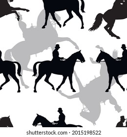 seamless background of silhouettes isolated on a light background, a lady and a gentleman on horseback,