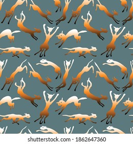 Seamless background of silhouettes jumping and running cats