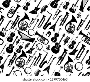 Seamless background with silhouettes of musical instruments black color isolated on white - Vector illustration