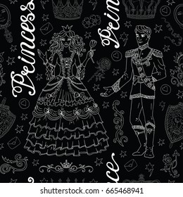 Seamless background with silhouettes of prince and princess on black. Graphic vector illustration, doodle sketch with vintage design elements. Suitable for invitation, greeting cards