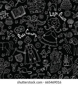 Seamless background with silhouettes of prince and princess on black. Graphic vector illustration, doodle sketch with vintage design elements. Suitable for invitation, greeting cards