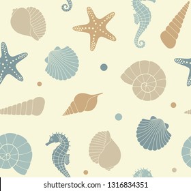 Seamless background with silhouettes of sea shells, seahorse and starfish in flat style