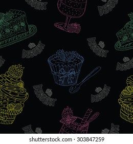 Seamless background with silhouettes of strawberry desserts on black, with hand drawn elements