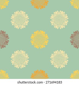 Seamless background with silhouettes of sunflowers. Vector retro pattern with hand-drawn flowers