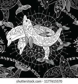 Seamless background with silhouettes of three dolphins and pattern circles on black. Esoteric, occult and mysterious concept with sacred geometry elements, graphic vector illustration 