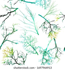 The seamless background is the silhouettes of the trees. Print tree branches. Mixed media. Vector illustration