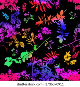 The seamless background is the silhouettes of the trees. Print tree branches. Mixed media. Vector illustration