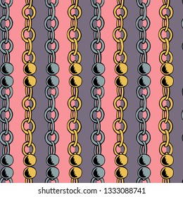 Seamless background of silver gold chains and colored stripes.