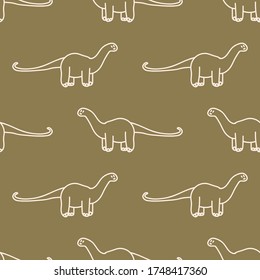 Seamless background simple Apatosaurus dinosaur gender neutral baby pattern. Whimsical minimal earthy 2 tone color. Kids nursery wallpaper or boho cartoon animal fashion all over print.