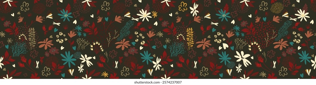 Seamless background of simple beautiful flowers. hand drawing. Not AI, Vector illustration.