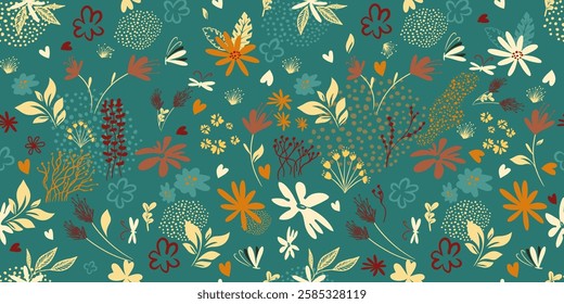 Seamless background of simple beautiful flowers. hand drawing. Not AI, Vector illustration.