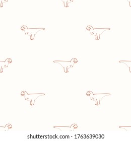 Seamless background simple Carnotaurus dinosaur with foot print gender neutral baby pattern. Simple whimsical minimal earthy 2 tone color. Kids nursery wallpaper or boho cartoon.