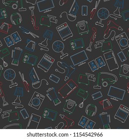 Seamless background with a simple contour icons on the topic of household appliances, a colored chalks on the school Board