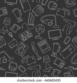 Seamless background with a simple contour icons on the topic of household appliances, a light outline on a dark background