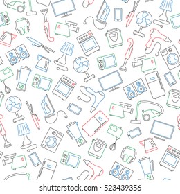 Seamless background with a simple contour icons on the topic of household appliances, a colored markers on white background