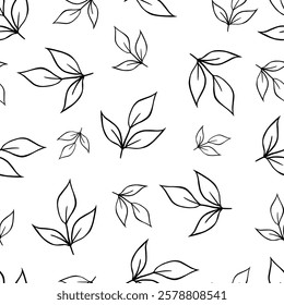 Seamless background with simple but elegant leaves. Decorative tree branches drawn in black lines vector.