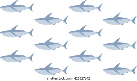 Seamless background with simple flat sharks that are going against each other