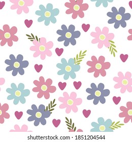 Seamless background of simple flowers. Delicate colors. Flower vector pattern. Graphics. Doodle. Hand drawn