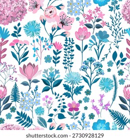 Seamless background with simple flowers in pink and blue. Wildflowers Hand drawn. Not AI, vector illustration