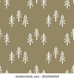 Seamless background simple forest tree gender neutral baby pattern. Whimsical minimal earthy 2 tone color. Kids nursery wallpaper or boho woodland nature fashion all over print.