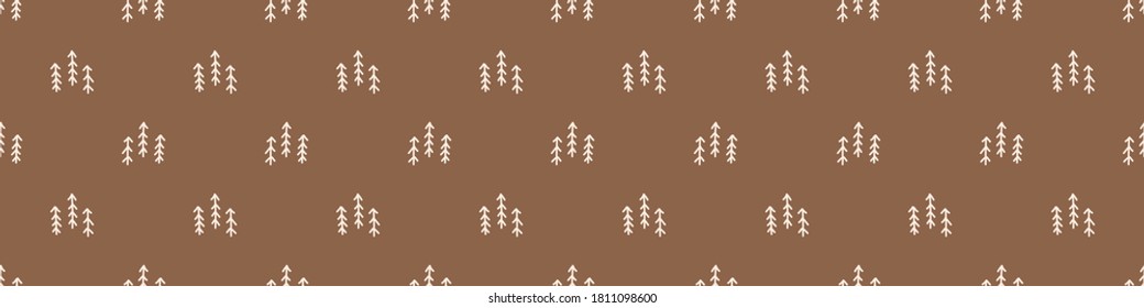 Seamless background simple forest trees gender neutral baby border pattern. Simple whimsical minimal earthy 2 tone color. Kids nursery decor edging fashion ribbon trim.