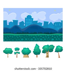Seamless background for a simple game with additional elements trees, night scene urban landscape with hills, editable vector illustration