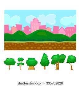 Seamless background for a simple game with additional elements trees, day scene urban landscape with hills, editable vector illustration