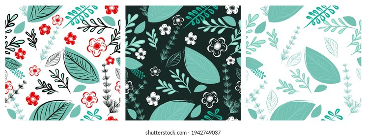 A seamless background. Simple green leaves. Dark and light background. Red and blue flowers. Vector illustration