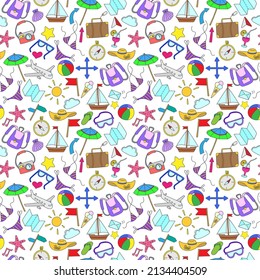 Seamless background with simple hand-drawn color icons on the theme of summer and vacation color icons on light background