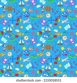 Fondo sin inconvenientes con simples iconos de color dibujados a mano sobre el tema de los iconos de color de verano y vacaciones en un fondo azul