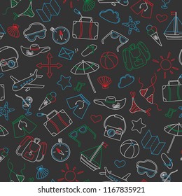 Seamless background with simple hand-drawn icons on the theme of summer and vacation, colored chalks on the dark school Board