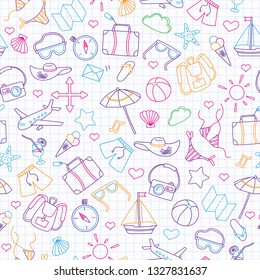 Seamless background with simple hand-drawn icons on the theme of summer and vacation, colour outline on the clean writing-book sheet in a cage