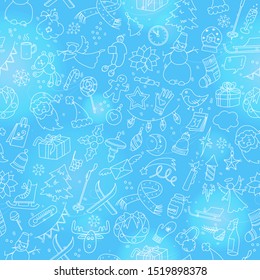 Seamless background with simple hand-drawn icons on the theme of winter holidays, white outline on a blue background