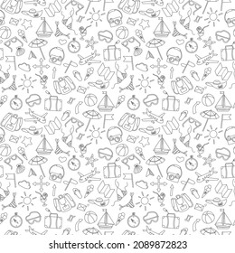 Seamless background with simple hand-drawn icons on the theme of summer and vacation, dark outline on a light background