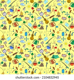Seamless background with simple hand-drawn icons on the theme of camping and traveling, colored  icons  on yellow background